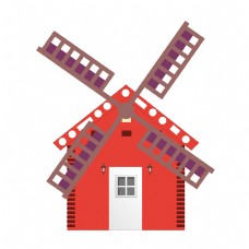 咖啡红色房子和大风车插画