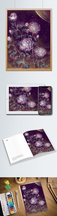 透明质感蔷薇中国风插画花卉装饰画撒点发光