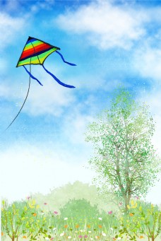 夏日夏天放风筝海报背景