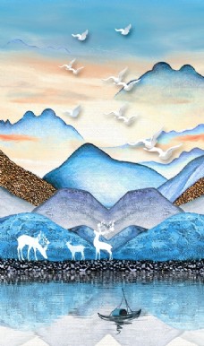 山水麋鹿彩绘玄关背景