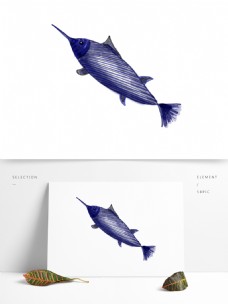 蓝色水彩线条海洋金枪鱼创意元素