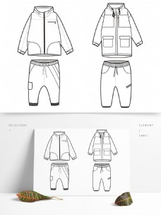 设计素材儿童冲锋衣套装设计线稿矢量素材