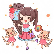 六一快乐儿童节女孩和甜品小猫