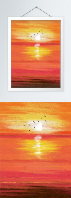 手绘油画夕阳海面风景装饰画