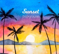 美丽夕阳下的沙滩棕榈树风景