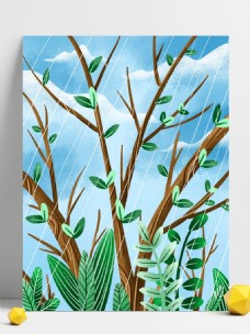 彩绘谷雨节气树林背景设计