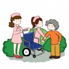 医疗健康医患互动和谐护士扶奶奶上轮椅卡通免扣PNG