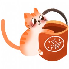 猫咪抱着水桶手绘插画PNG图片