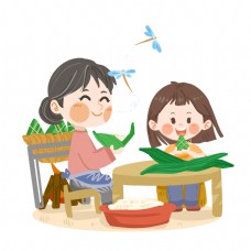 端午节粽子端午节可爱女孩和奶奶包粽子PNG素材