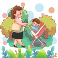 散步推着婴儿车出门的母亲