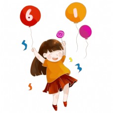 六一儿童节可爱小女孩跳跃气球