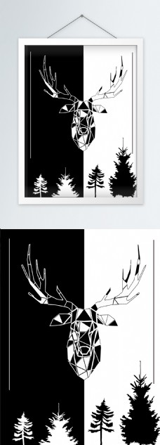 黑白极简北欧风麋鹿装饰画