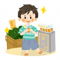 夏日卡通男孩喝果汁PNG素材