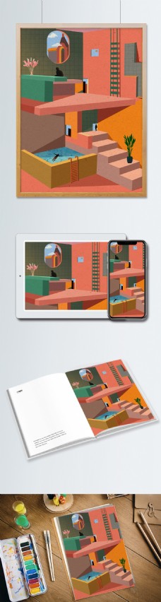 3d色界空间墙配色安静的乌托邦超现实插画