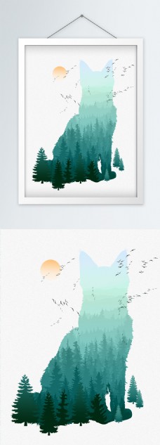 现代简约北欧风树林风景动物剪影创意装饰画