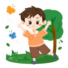 儿童玩耍儿童节卡通男孩与蝴蝶玩耍PNG素材