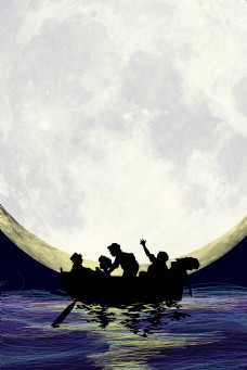 月光下在海面划船的旅人