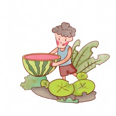 夏季小男孩开心吃西瓜