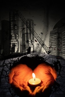 简约蜡烛祈祷自然灾害地震背景海报