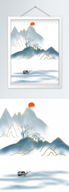 简约金边创意山水风景客厅装饰画