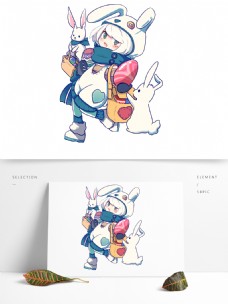 孩子手绘可爱女孩和兔子png素材
