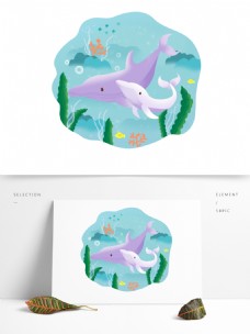 海洋动物母亲节海豚手绘卡通母亲和孩子动物海洋元素