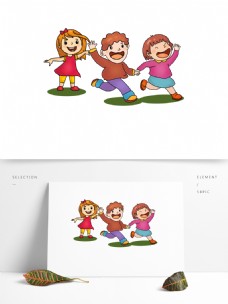 手绘儿童节手拉手的三个小孩插画设计