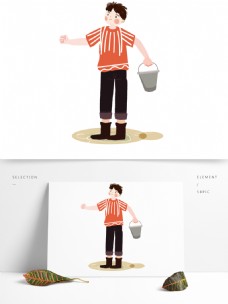 手绘提着一桶水的男孩插画设计