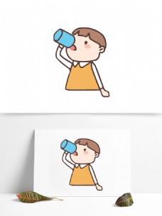 原创手绘一个爱喝水的小女孩