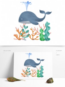 海洋鱼手绘海洋鲸鱼喷水卡爱卡通海底珊瑚海草