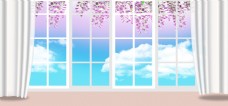 天空窗台落地窗窗户大气窗紫藤花蓝天白云背景