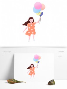可爱风拿气球女孩插画人物元素