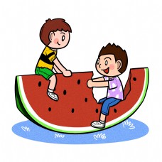 卡通儿童夏天玩乐吃西瓜png透明底