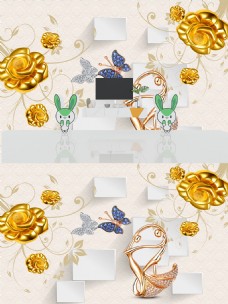 3D立体浮雕黄金花朵背景墙