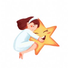 睡衣女孩抱着星星睡着的女孩免扣图