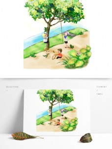夏天儿童小朋友玩耍爬树摘枇杷小场景元素