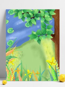 卡通绿色树林风景手绘背景