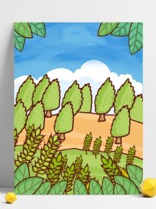 夏季彩绘麦穗树林背景素材