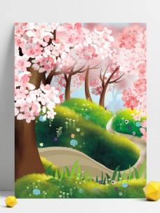 树林樱花背景手绘背景