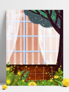 植物树木窗户外面手绘背景