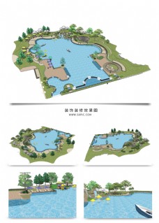 草图大师模型公园湖景观规划SU透视模型