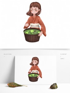 可爱风吃粽子女孩插画人物元素