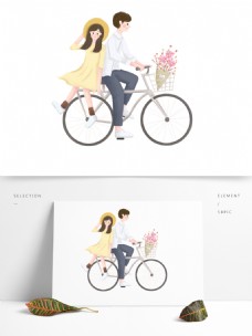 手绘卡通骑着自行车的情侣元素