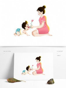 温馨母亲节给妈妈送玫瑰花的小男孩场景插画