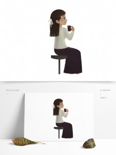 咖啡卡通手绘坐在凳子上喝茶的女孩子