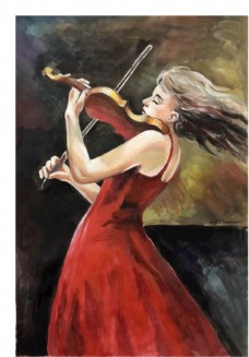 拉小提琴的美女丙烯画