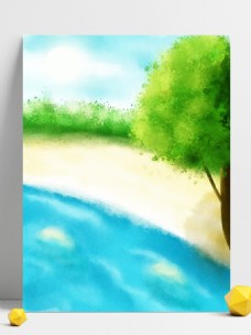 原创手绘卡通蓝天白云海边树木风景背景