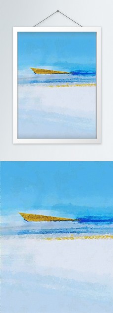 蓝色ins金色海滩小船客厅书房油画装饰画