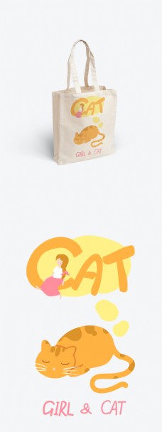 帆布袋包装女孩与猫系列简约清新插画