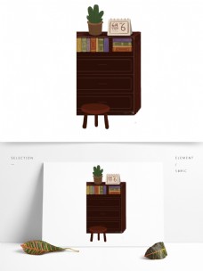 棕色书柜盆栽元素